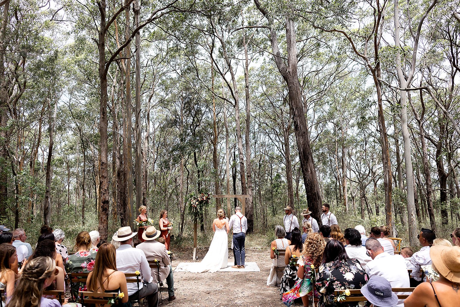Guests seated for a ceremony in a bush clearing under tall gums